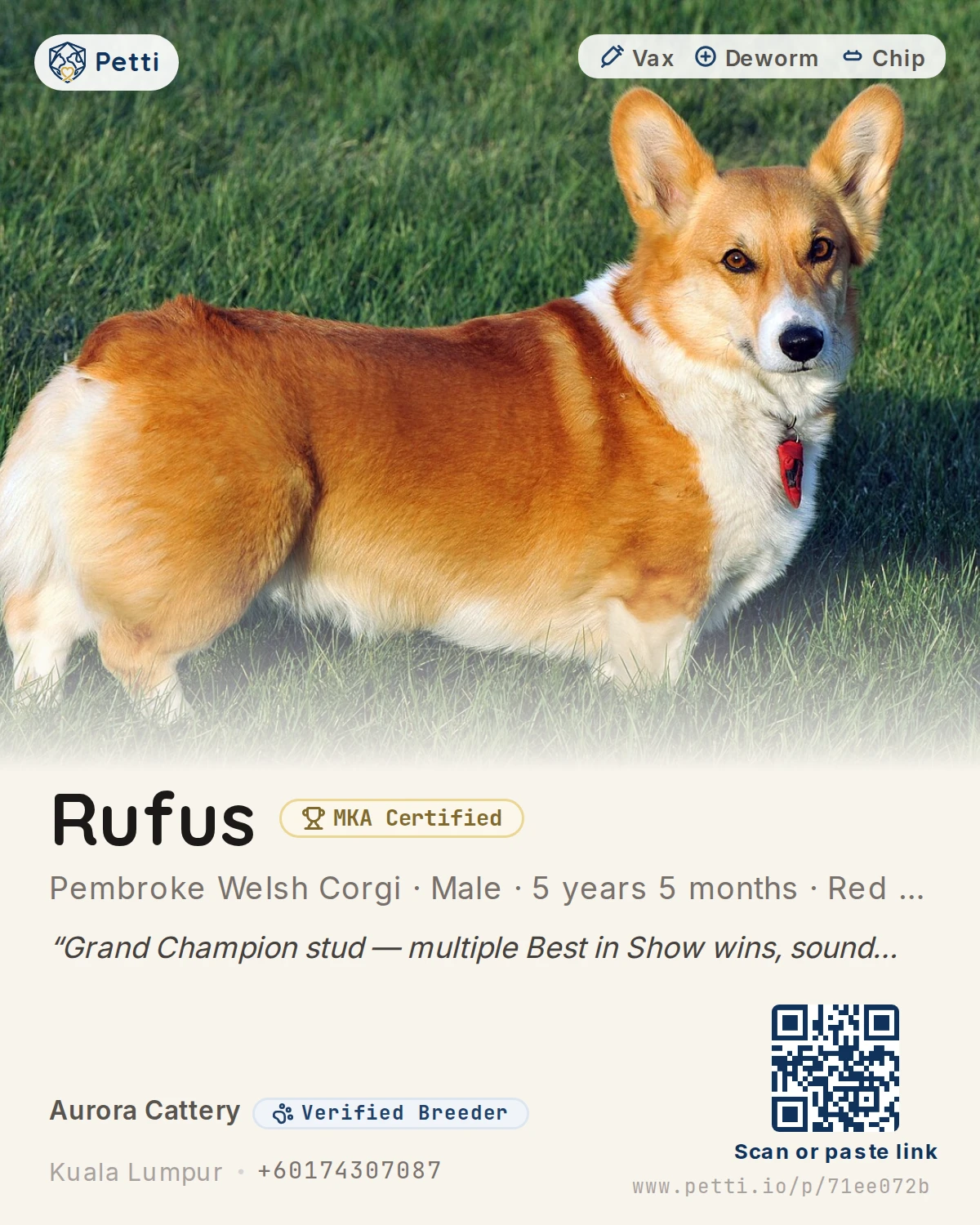 Marketing card for Rufus with QR and short link