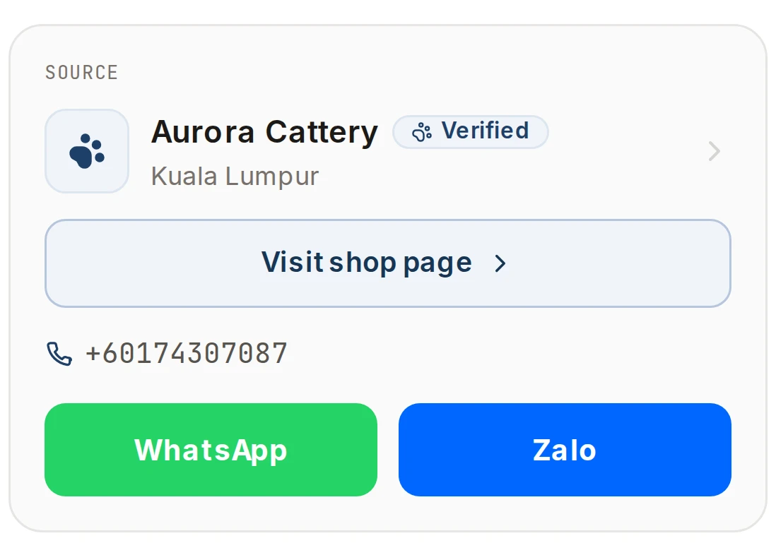 Verified shop contact with WhatsApp and Zalo