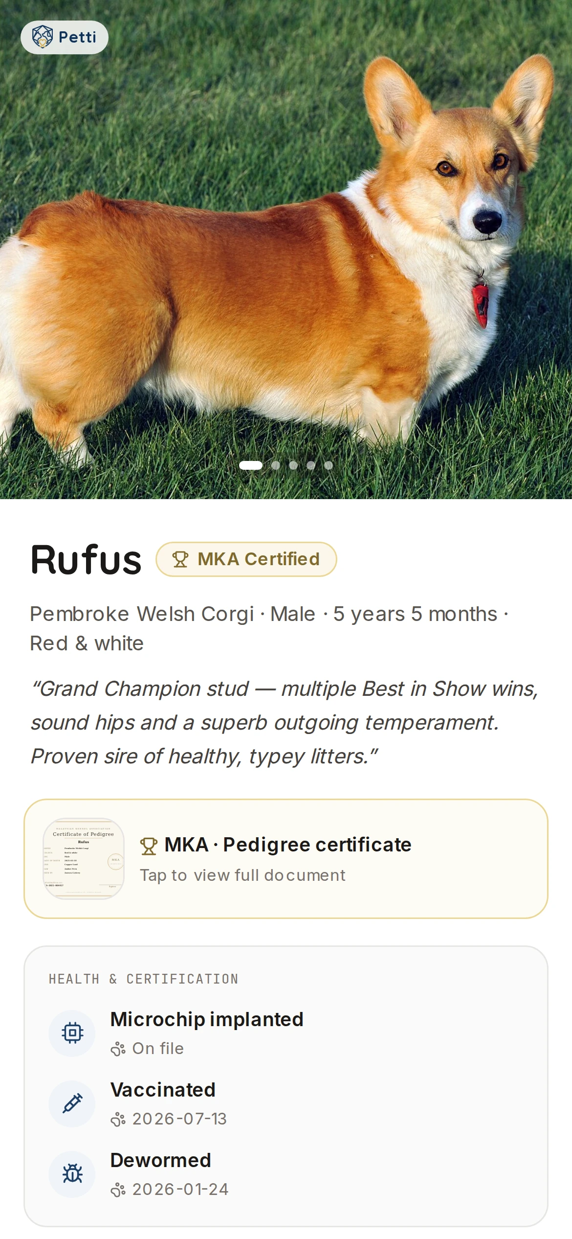 MKA Certified badge on a live public pet page
