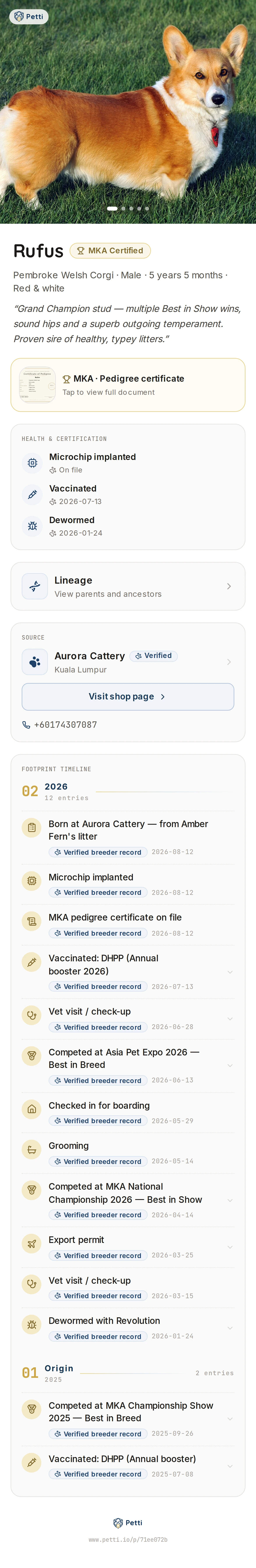 Public pet page — pedigree, health, origin