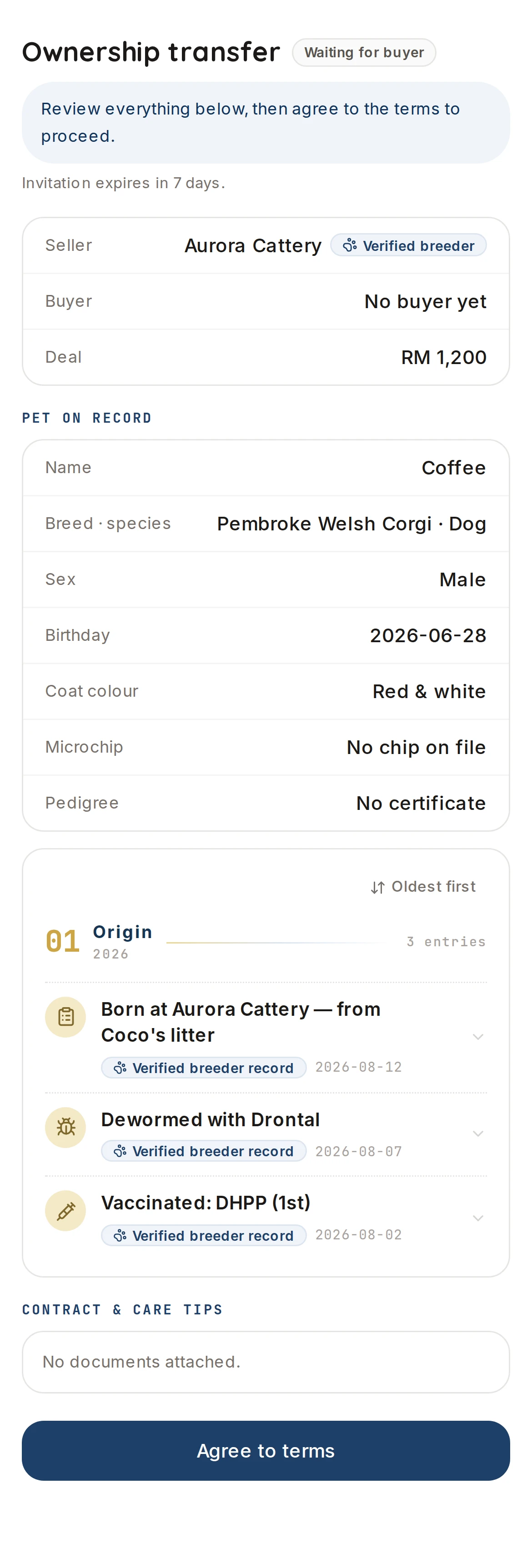 Full transfer page — contract, care notes, condition and terms