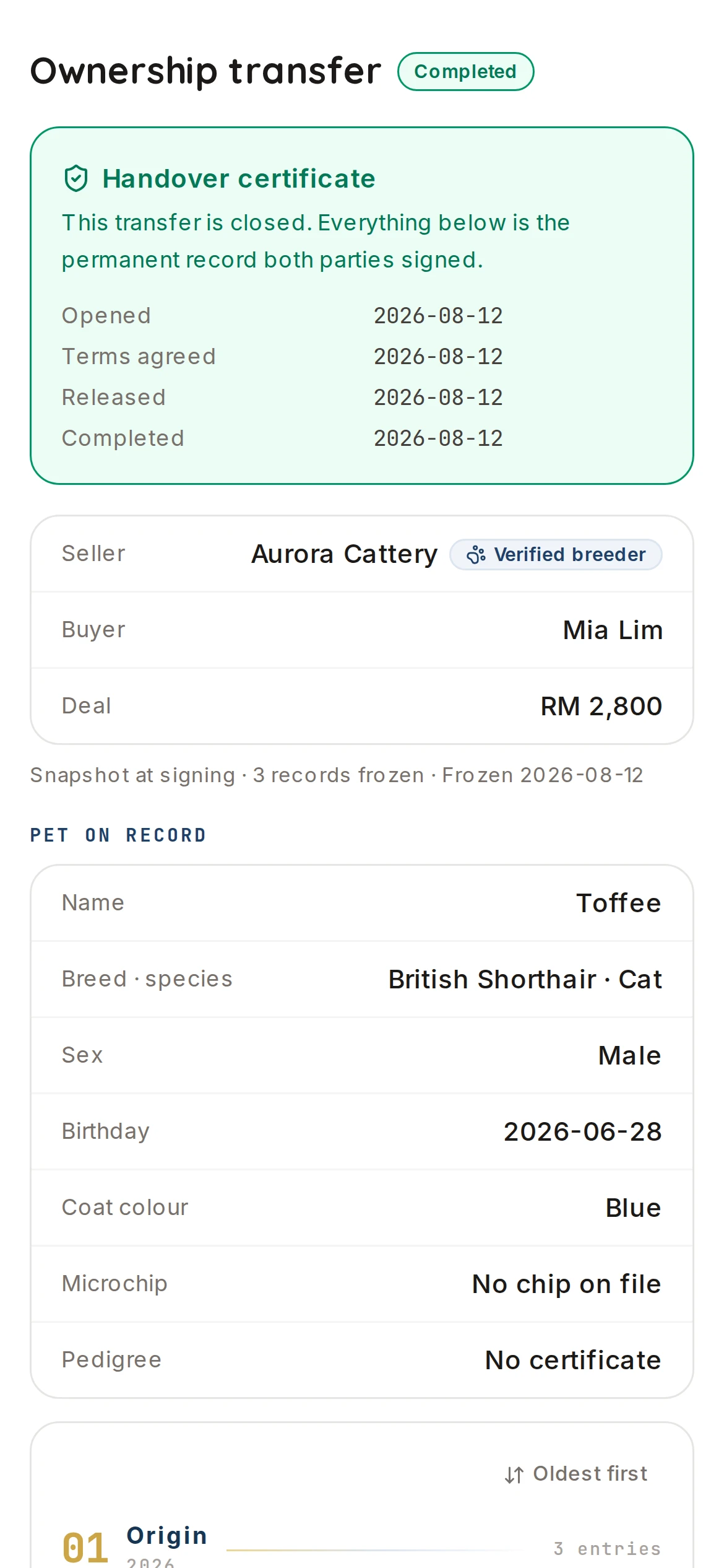 Handover certificate — what arrives with your pet